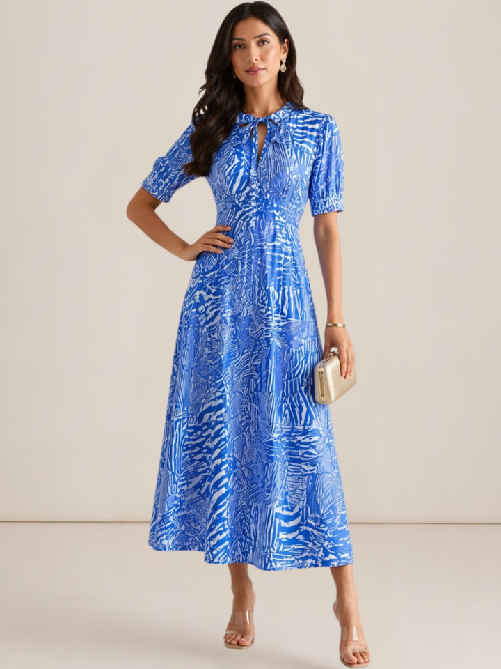 Kate & Pippa Kimber Midi Dress in Royal Blue Print-Occasion Wear-Guest of the wedding-Nicola Ross
