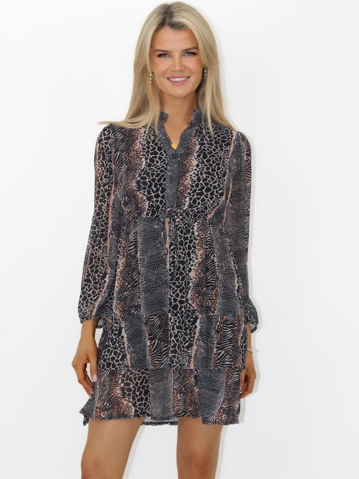 Kate & Pippa Latina Mini Dress In Beige Animal Print-Nicola Ross