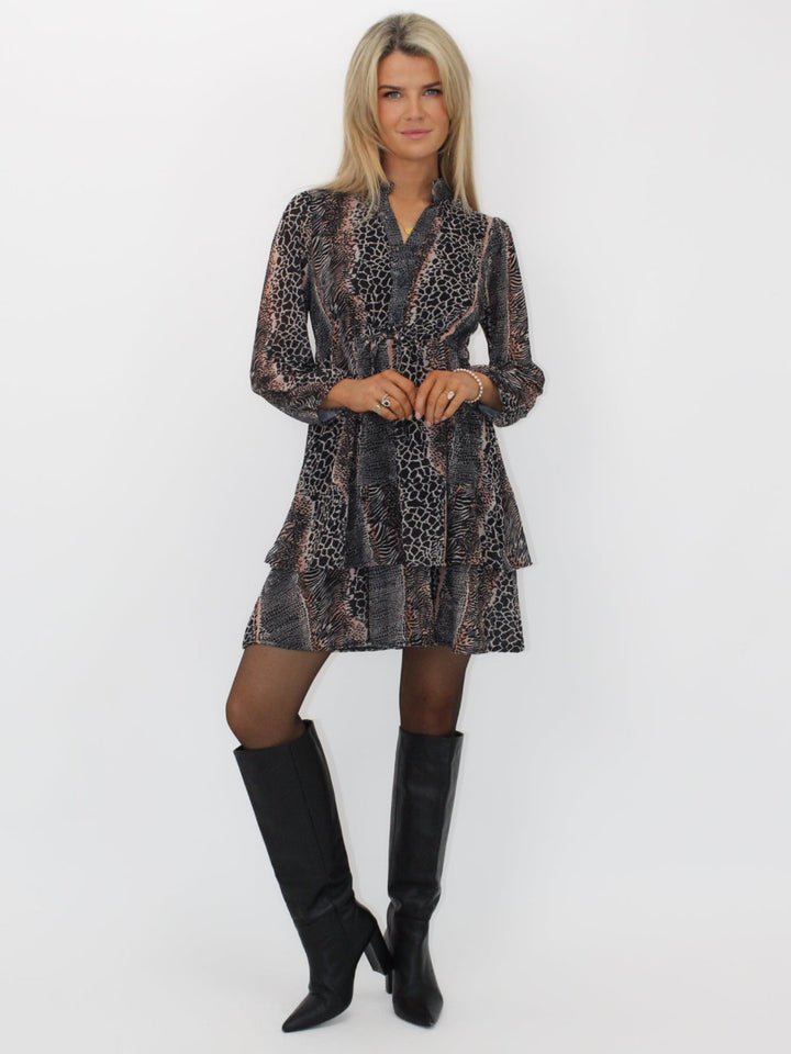Kate & Pippa Latina Mini Dress In Beige Animal Print-Nicola Ross