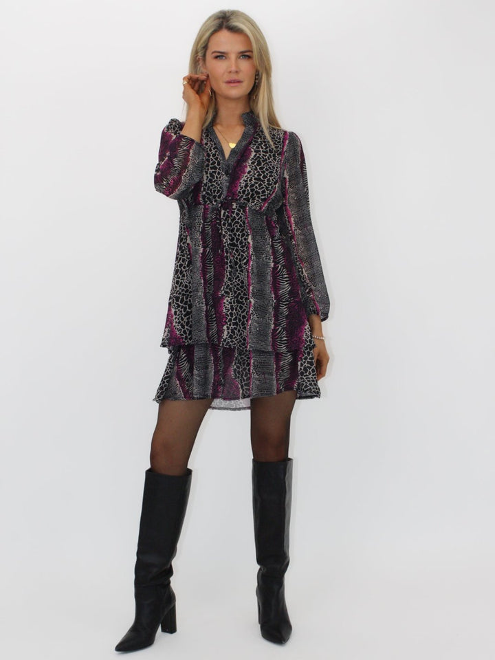 Kate & Pippa Latina Mini Dress In Magenta Animal Print-Nicola Ross