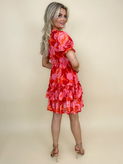 Kate & Pippa Latina Short Sleeve Mini Dress In Coral Print-Nicola Ross