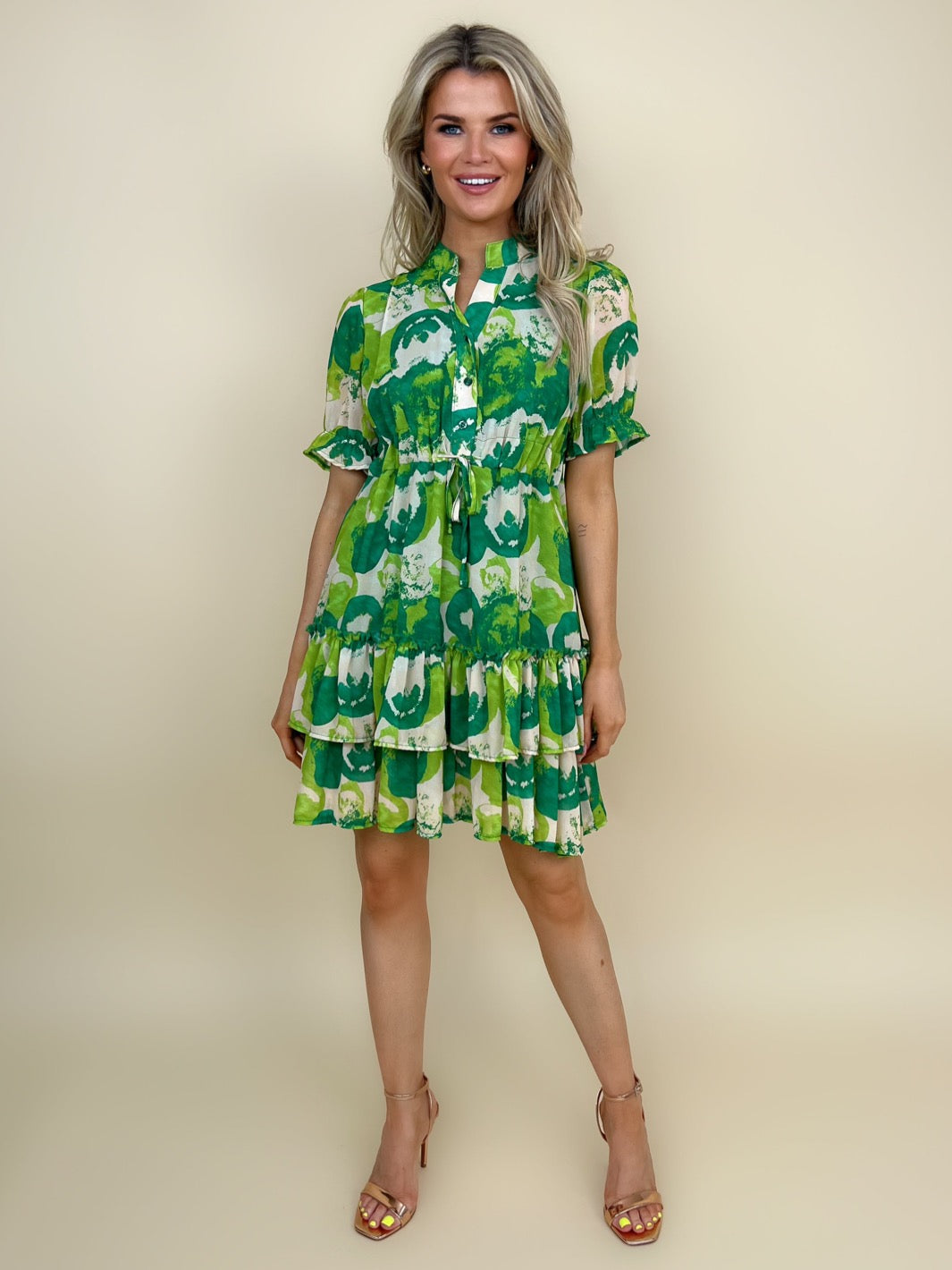 Kate & Pippa Latina Short Sleeve Mini Dress In Green Print-Nicola Ross