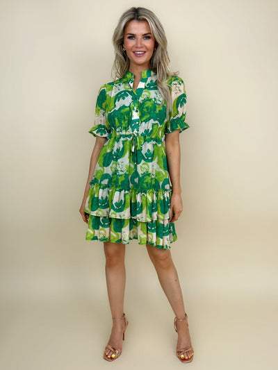 Kate & Pippa Latina Short Sleeve Mini Dress In Green Print-Nicola Ross