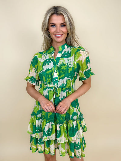 Kate & Pippa Latina Short Sleeve Mini Dress In Green Print-Nicola Ross