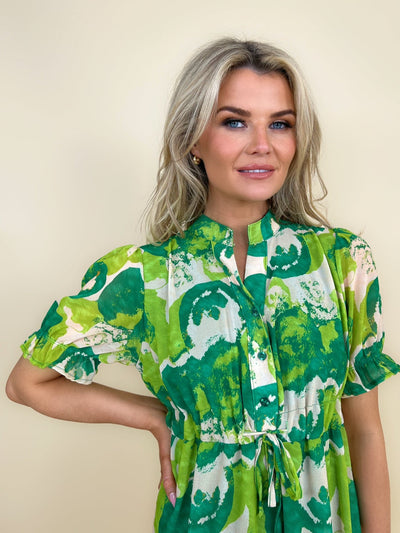 Kate & Pippa Latina Short Sleeve Mini Dress In Green Print-Nicola Ross