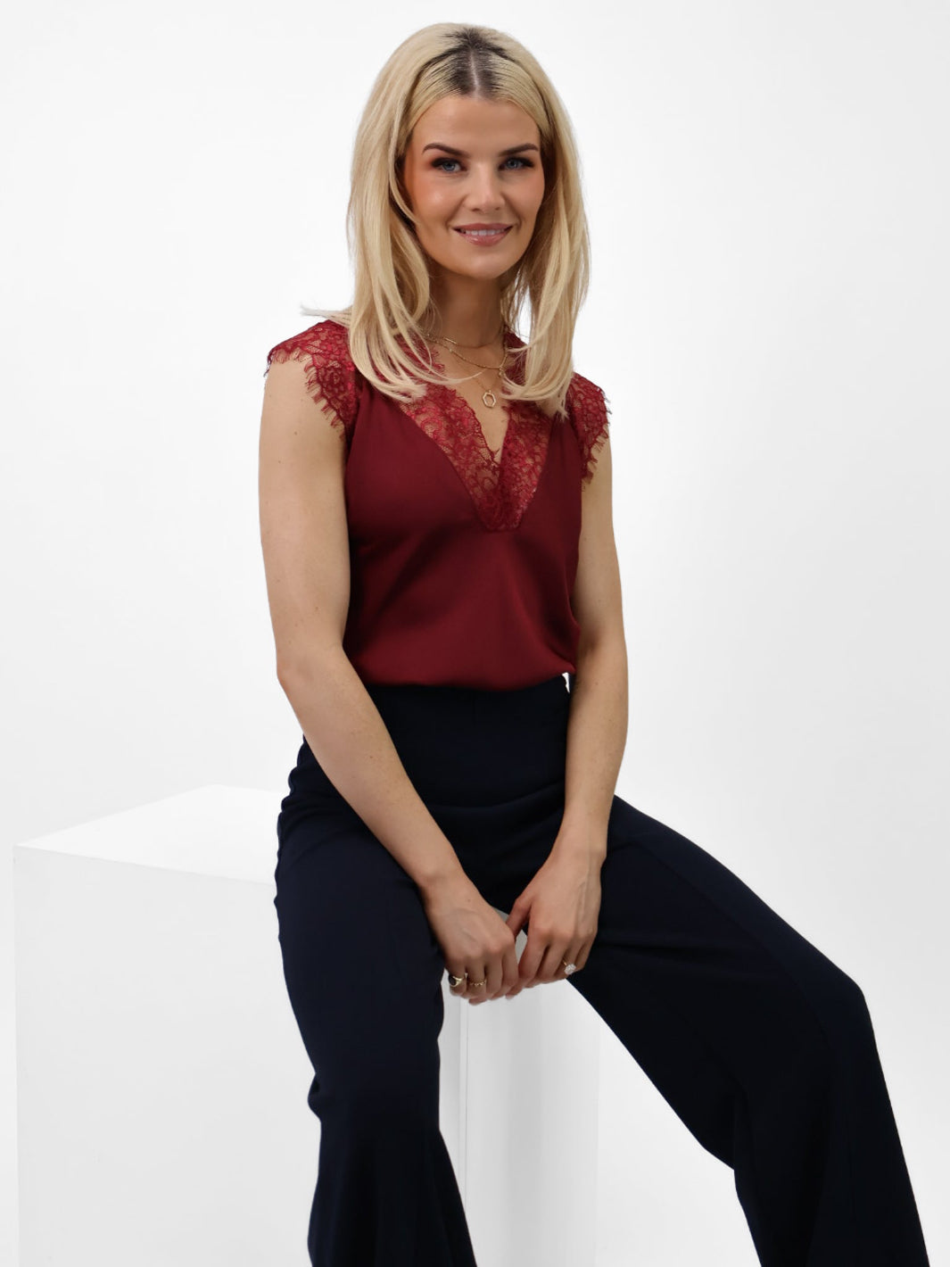 Kate & Pippa Lauren Lace Cami Top In Burgundy-Nicola Ross