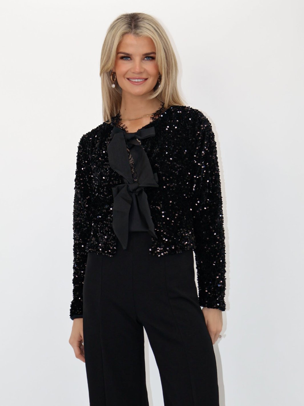 Kate & Pippa Lori Bow Tie Jacket In Black Sparkle-Nicola Ross