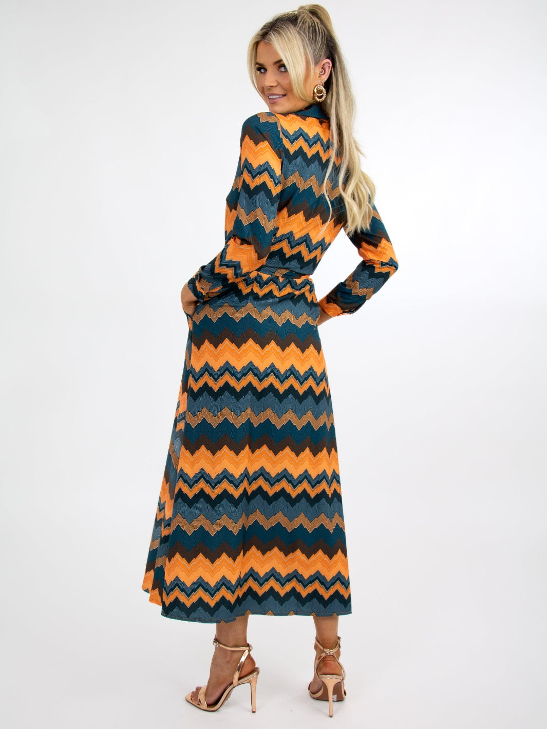 Kate & Pippa Luca Shirt Dress In Green/Orange Chevron-Nicola Ross