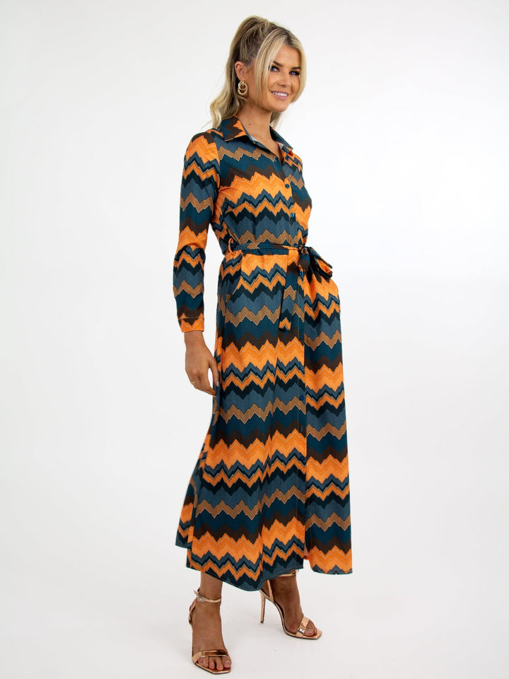 Kate & Pippa Luca Shirt Dress In Green/Orange Chevron-Nicola Ross