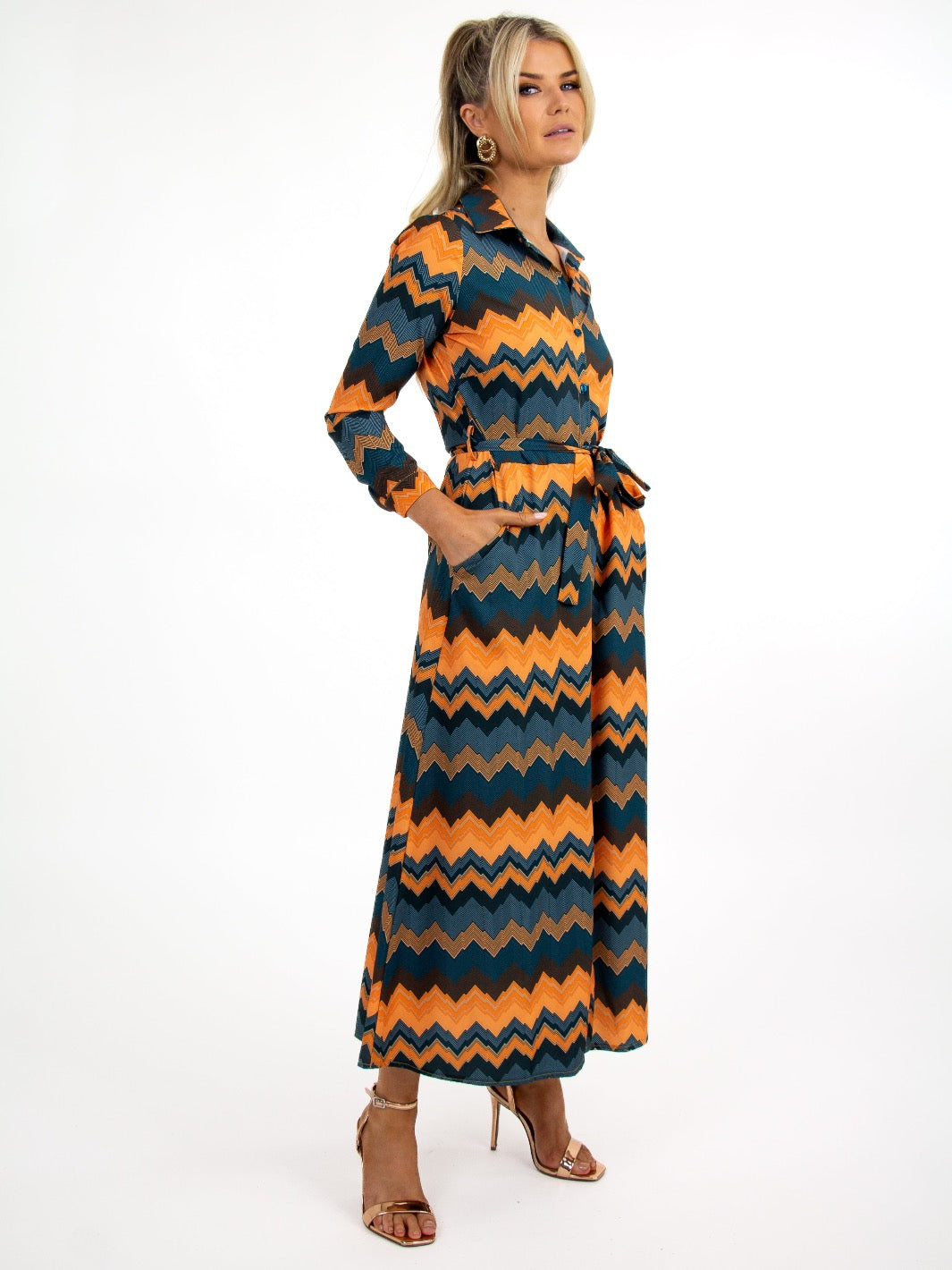 Kate & Pippa Luca Shirt Dress In Green/Orange Chevron-Nicola Ross