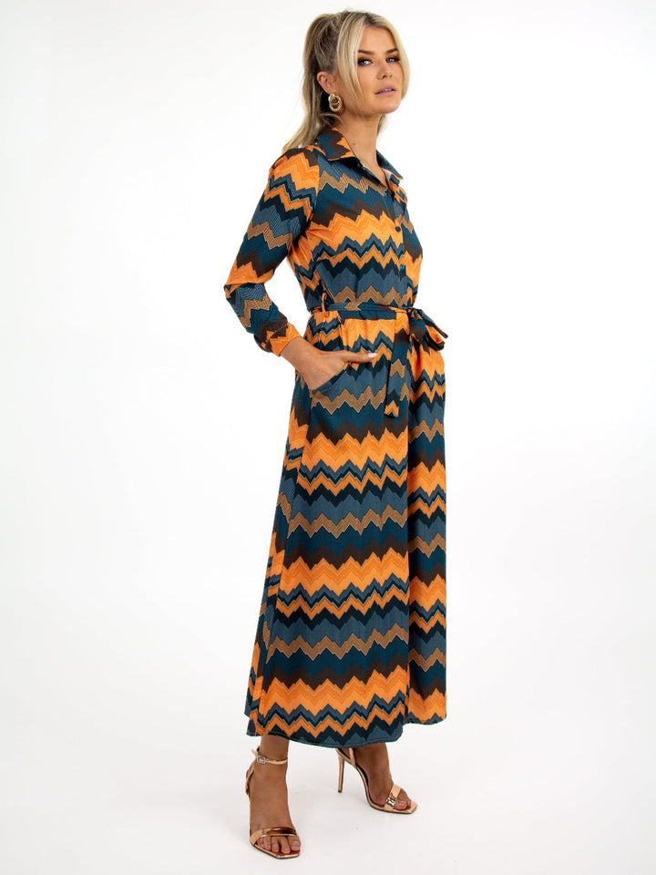Kate & Pippa Luca Shirt Dress In Green/Orange Chevron-Nicola Ross