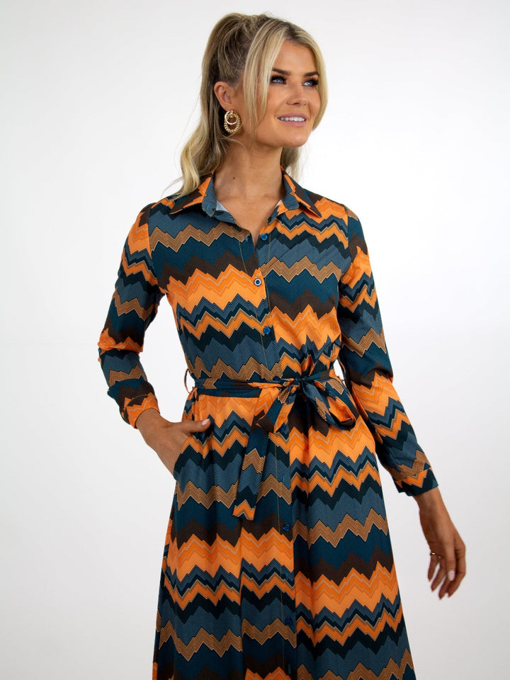 Kate & Pippa Luca Shirt Dress In Green/Orange Chevron-Nicola Ross