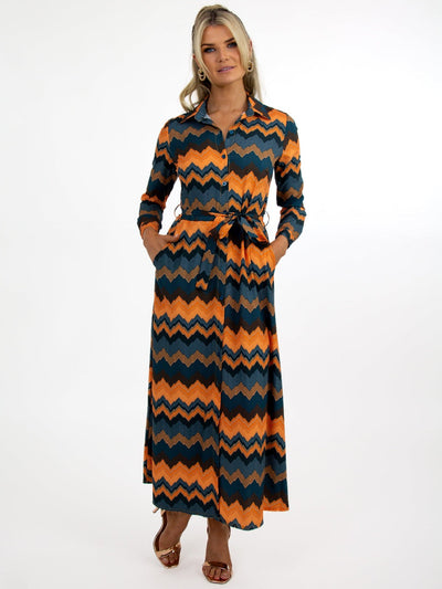 Kate & Pippa Luca Shirt Dress In Green/Orange Chevron-Nicola Ross