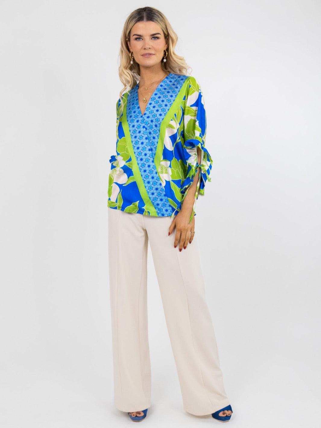 Kate & Pippa Maria Top In Blue / Green Print-Nicola Ross