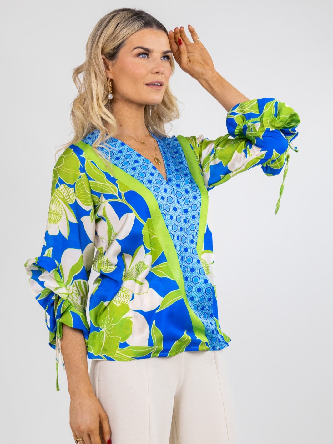 Kate & Pippa Maria Top In Blue / Green Print-Nicola Ross