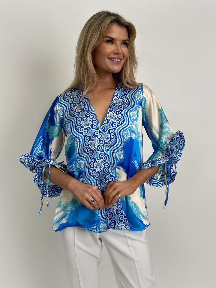 Kate & Pippa Maria Top In Blue Paisley Print-Nicola Ross