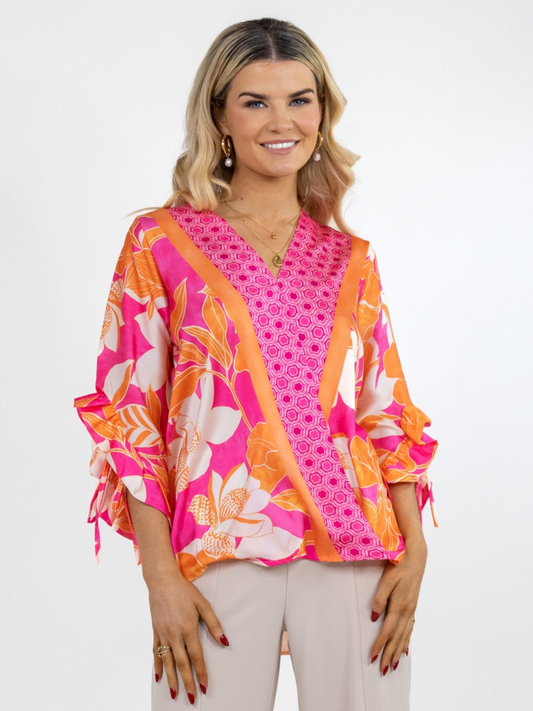 Kate & Pippa Maria Top In Pink / Orange Print-Nicola Ross