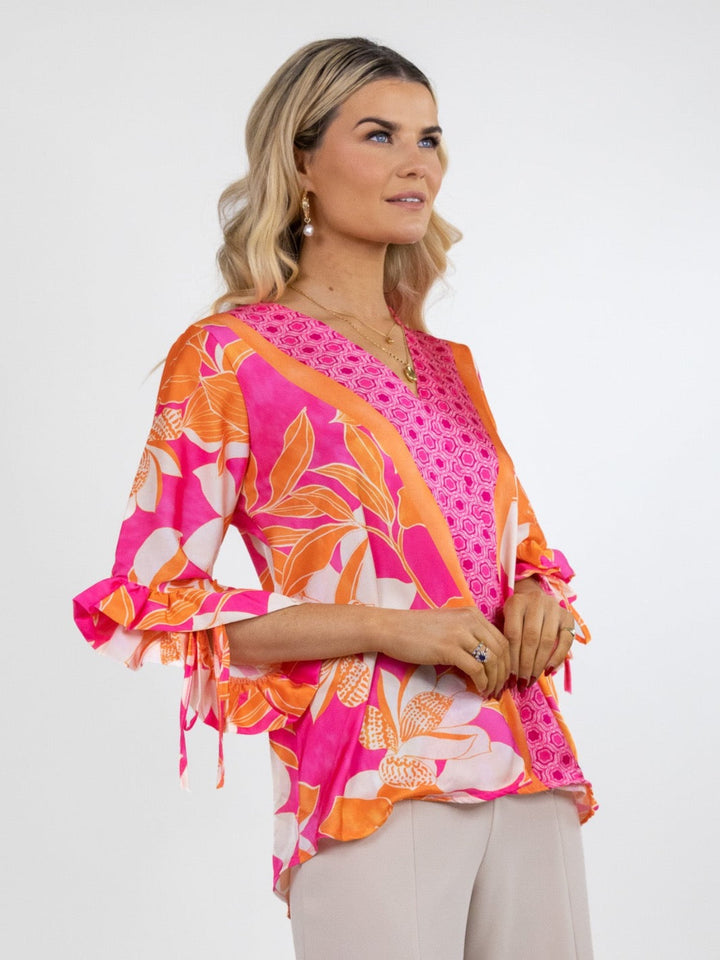 Kate & Pippa Maria Top In Pink / Orange Print-Nicola Ross