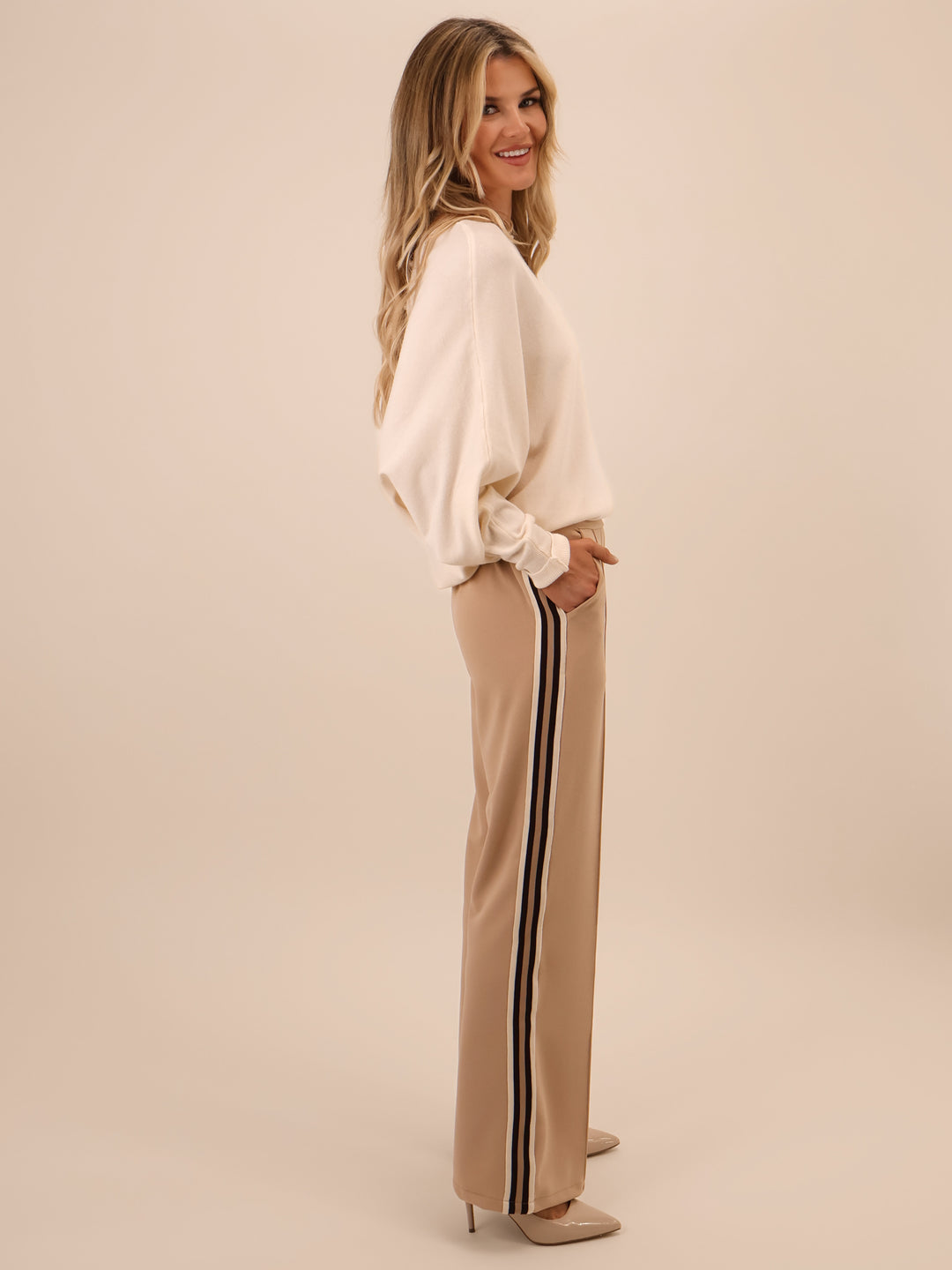 Kate & Pippa Nicks Stripe Trousers In Beige-Nicola Ross