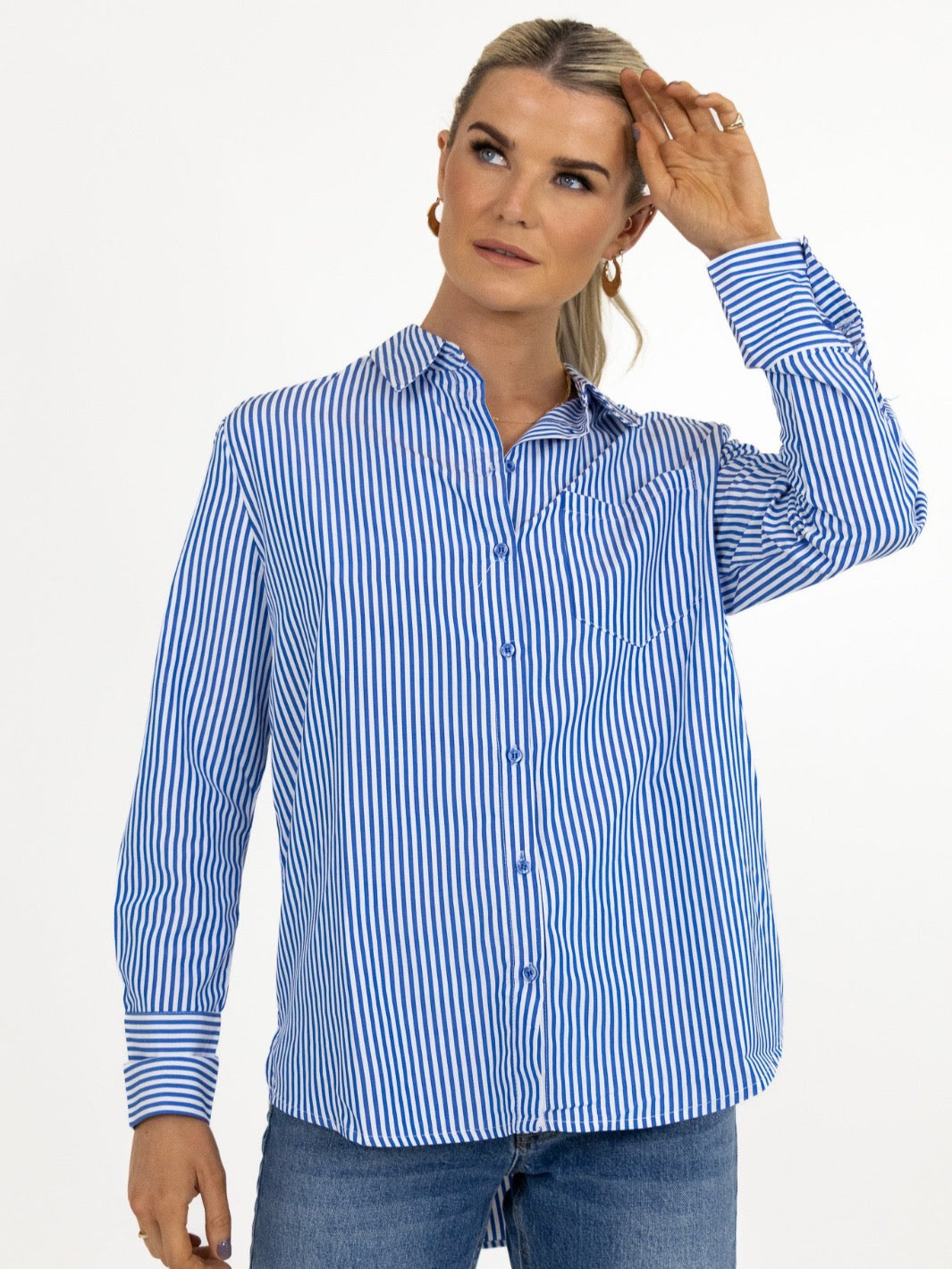 Kate & Pippa Oxford Striped Shirt In Navy Blue-Nicola Ross