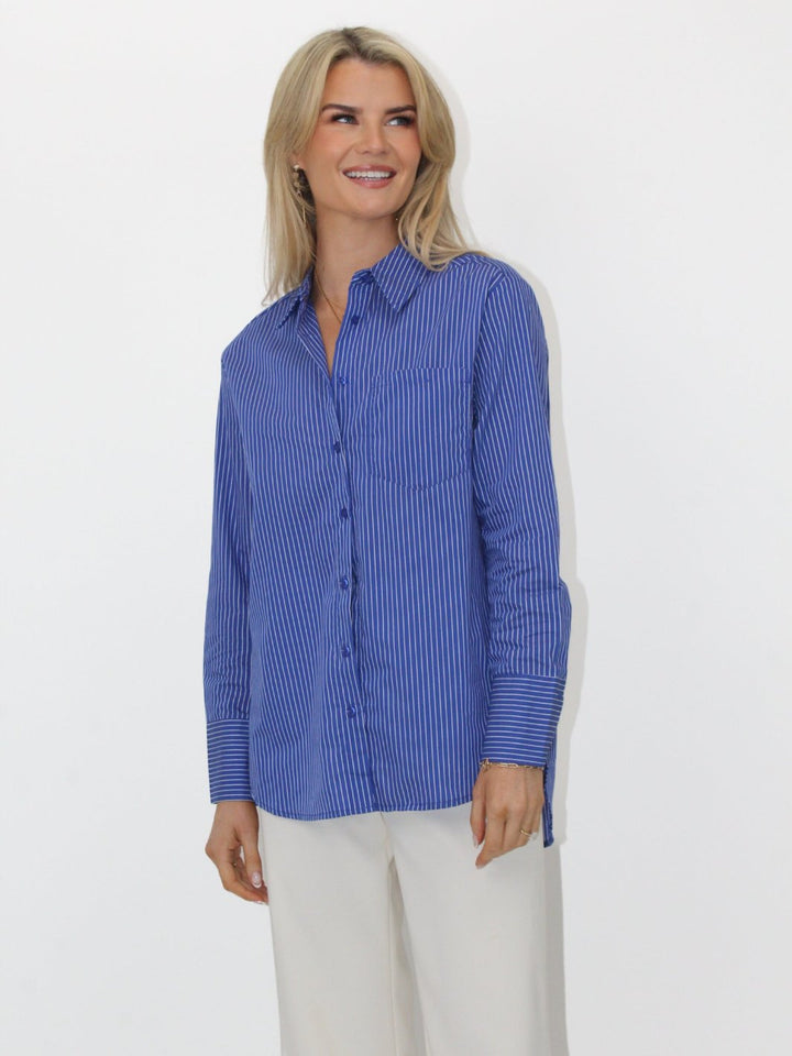 Kate & Pippa Oxford Striped Shirt In Navy Blue-Nicola Ross