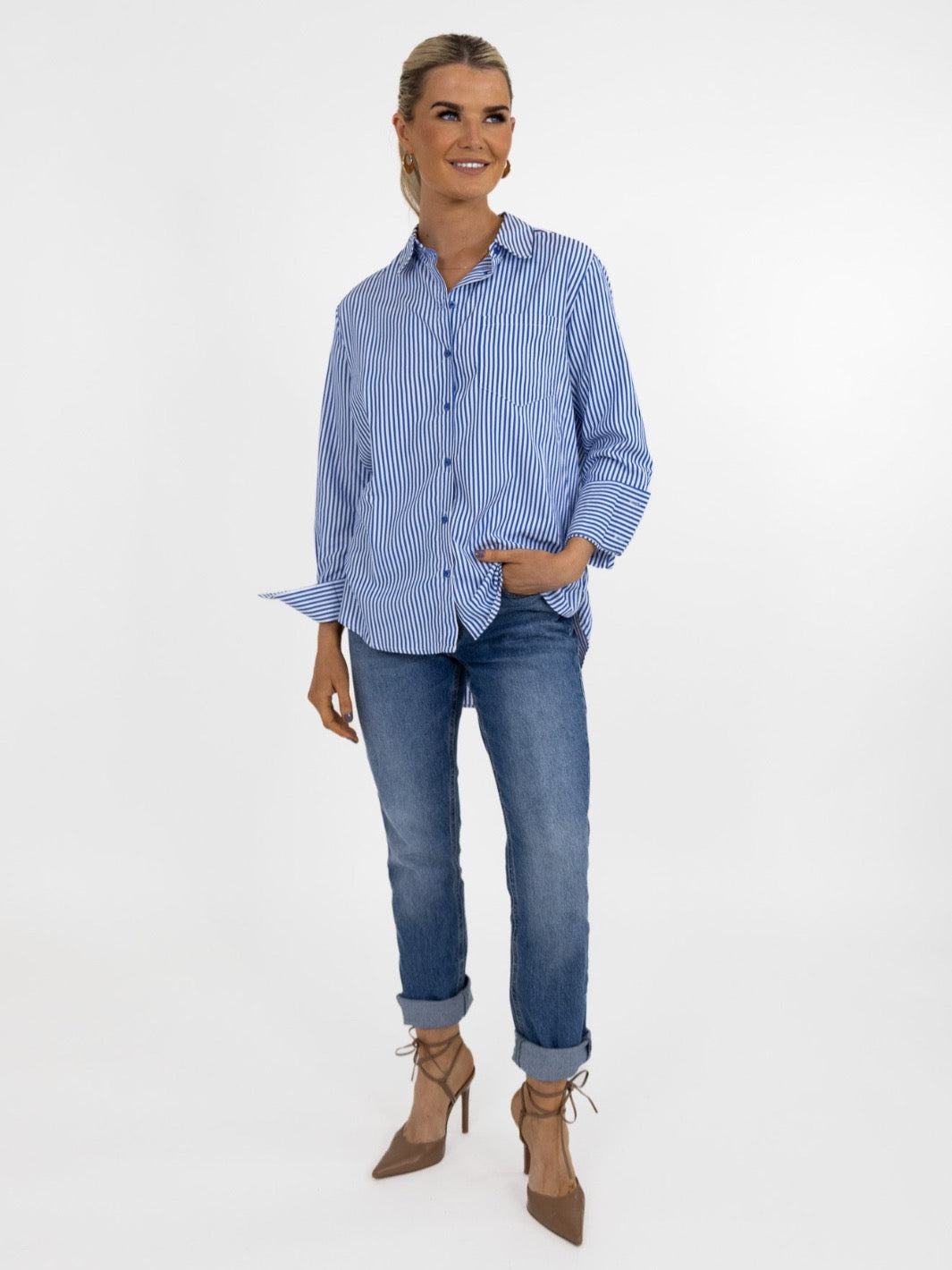 Kate & Pippa Oxford Striped Shirt In Navy Blue-Nicola Ross