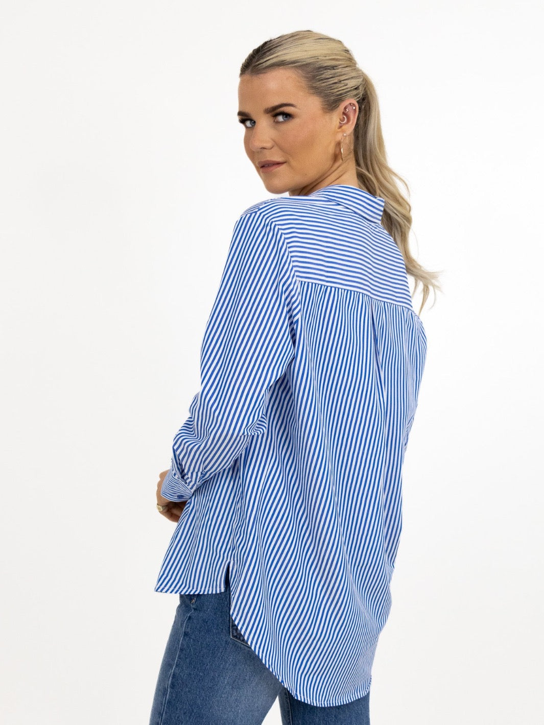 Kate & Pippa Oxford Striped Shirt In Navy Blue-Nicola Ross
