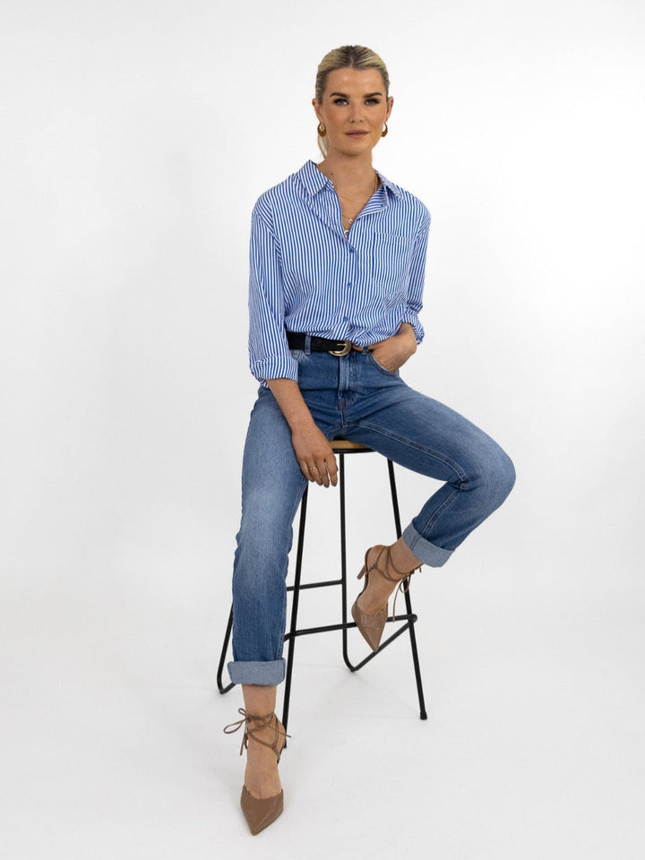 Kate & Pippa Oxford Striped Shirt In Navy Blue-Nicola Ross