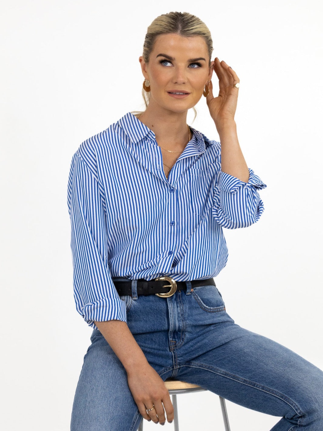 Kate & Pippa Oxford Striped Shirt In Navy Blue-Nicola Ross