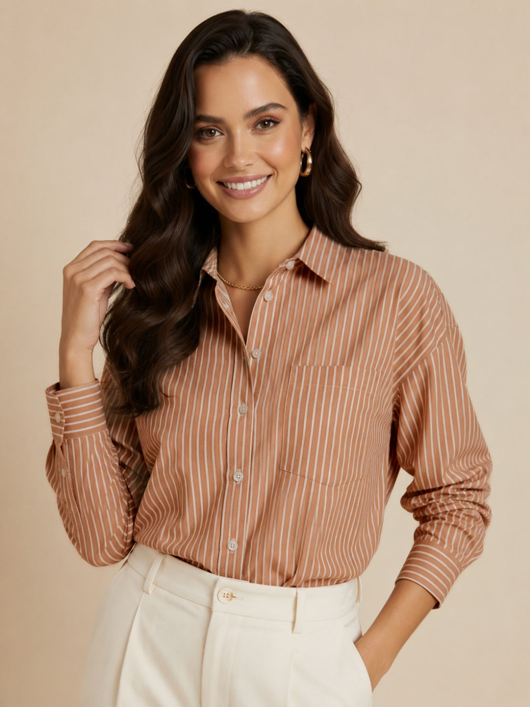 Kate & Pippa Oxford Striped Shirt In Tan-Nicola Ross