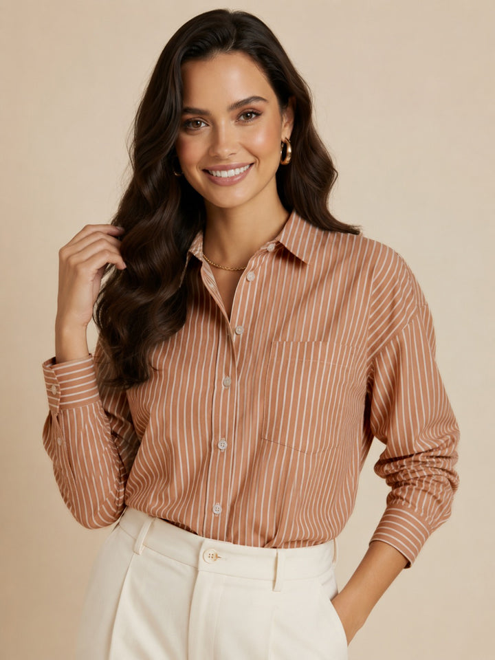 Kate & Pippa Oxford Striped Shirt In Tan-Nicola Ross