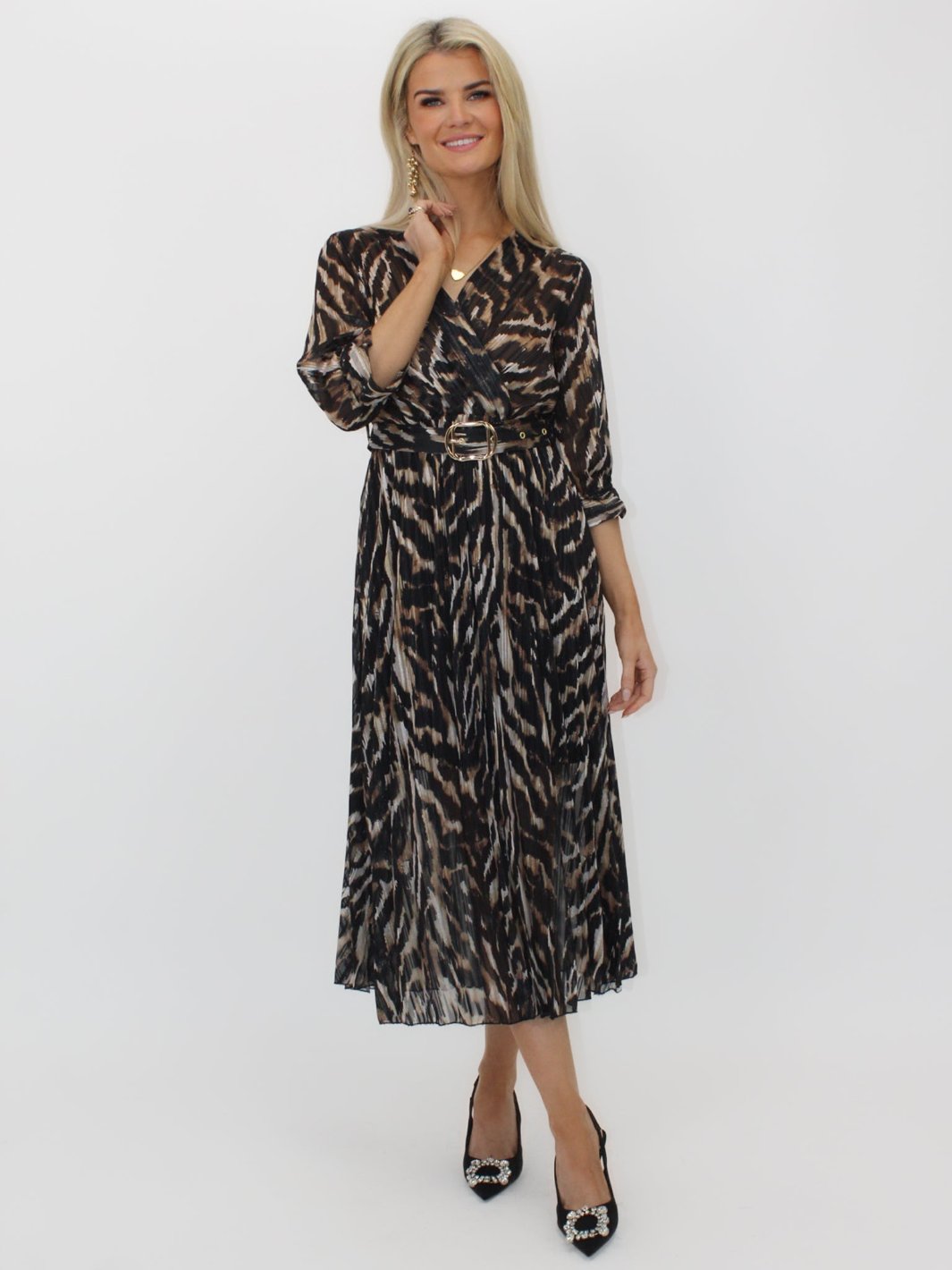 Kate & Pippa Positano Lurex Midi Dress In Black/Beige Print-Nicola Ross