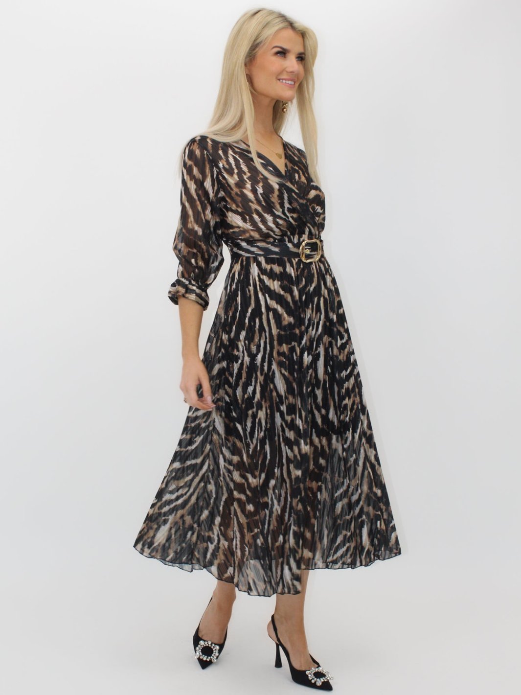 Kate & Pippa Positano Lurex Midi Dress In Black/Beige Print-Nicola Ross