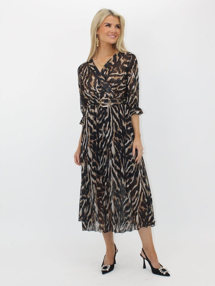 Kate & Pippa Positano Lurex Midi Dress In Black/Beige Print-Nicola Ross