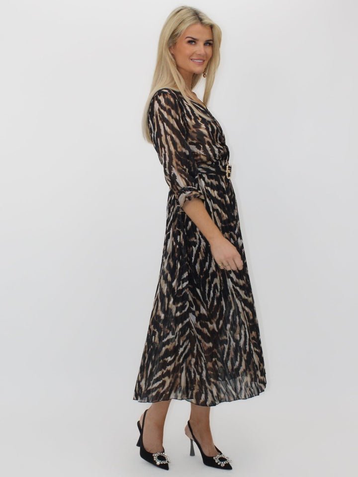 Kate & Pippa Positano Lurex Midi Dress In Black/Beige Print-Nicola Ross