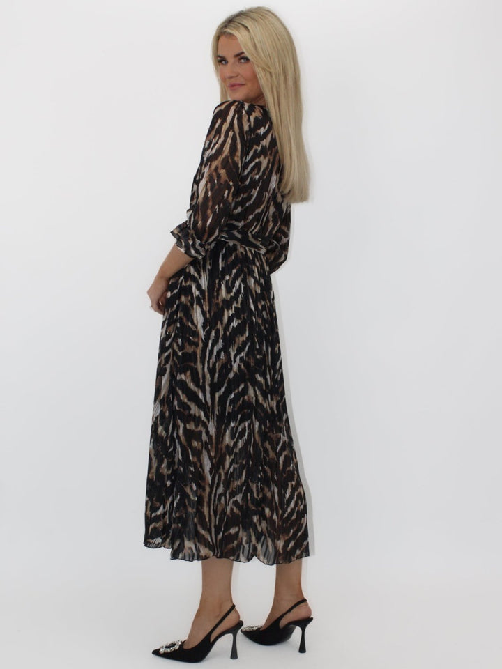 Kate & Pippa Positano Lurex Midi Dress In Black/Beige Print-Nicola Ross