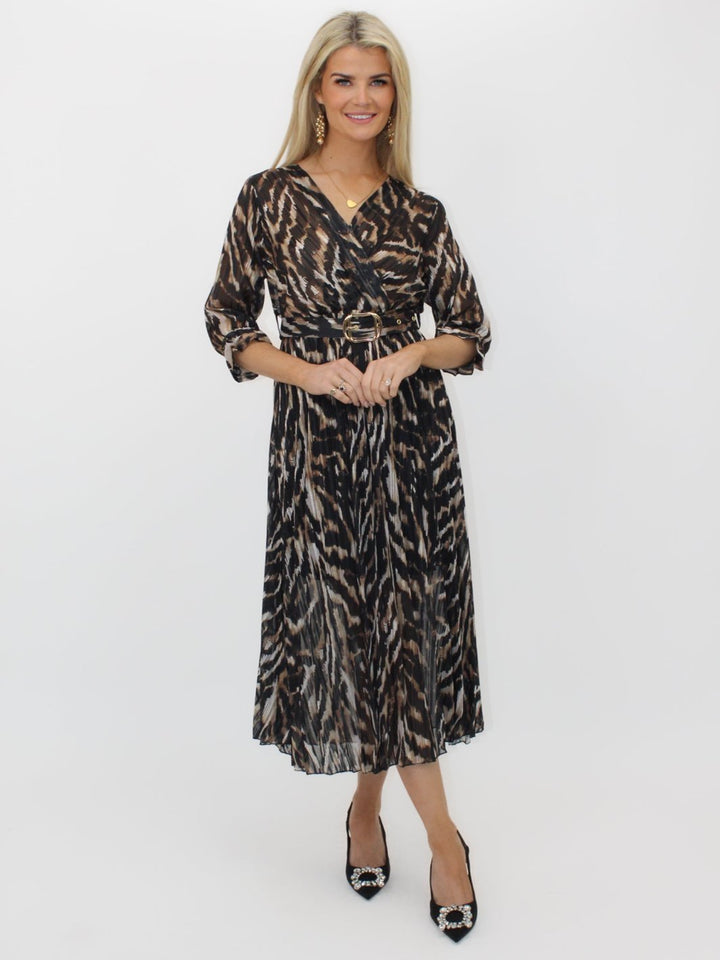 Kate & Pippa Positano Lurex Midi Dress In Black/Beige Print-Nicola Ross
