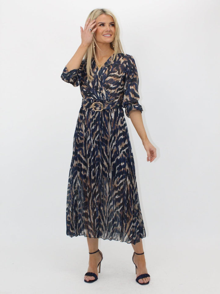 Kate & Pippa Positano Lurex Midi Dress In Navy/Beige Print-Nicola Ross