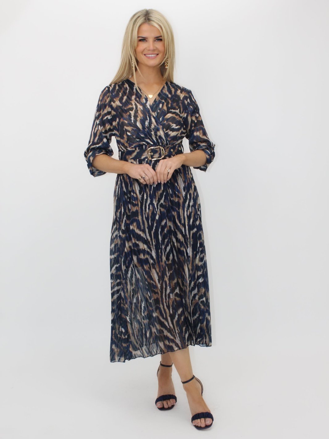 Kate & Pippa Positano Lurex Midi Dress In Navy/Beige Print-Nicola Ross