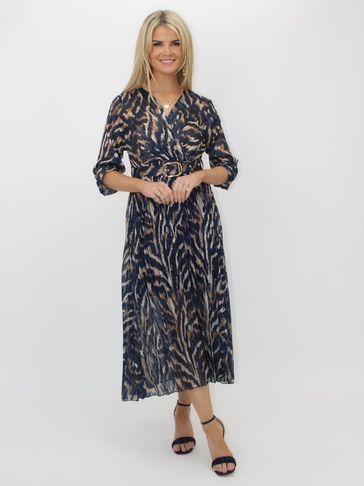 Kate & Pippa Positano Lurex Midi Dress In Navy/Beige Print-Nicola Ross