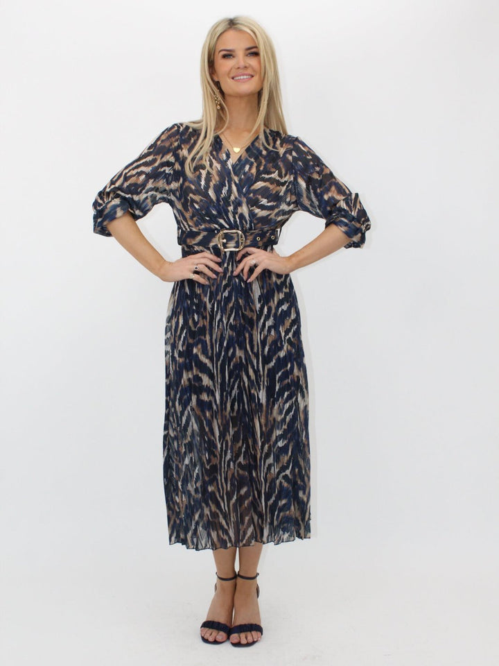 Kate & Pippa Positano Lurex Midi Dress In Navy/Beige Print-Nicola Ross