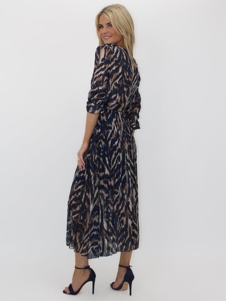 Kate & Pippa Positano Lurex Midi Dress In Navy/Beige Print-Nicola Ross