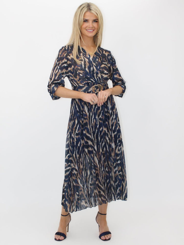 Kate & Pippa Positano Lurex Midi Dress In Navy/Beige Print-Nicola Ross