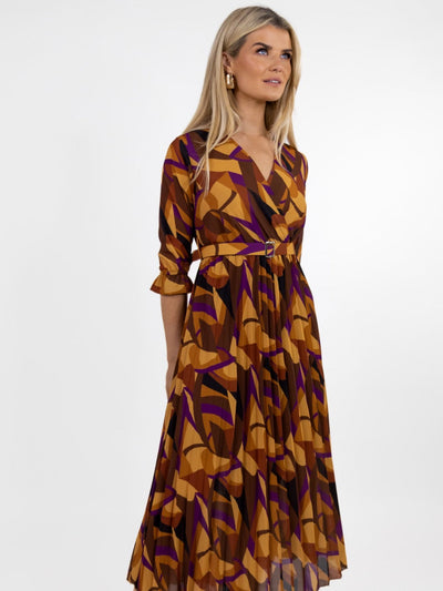 Kate & Pippa Positano Midi Dress In Tan / Plum Print-Nicola Ross