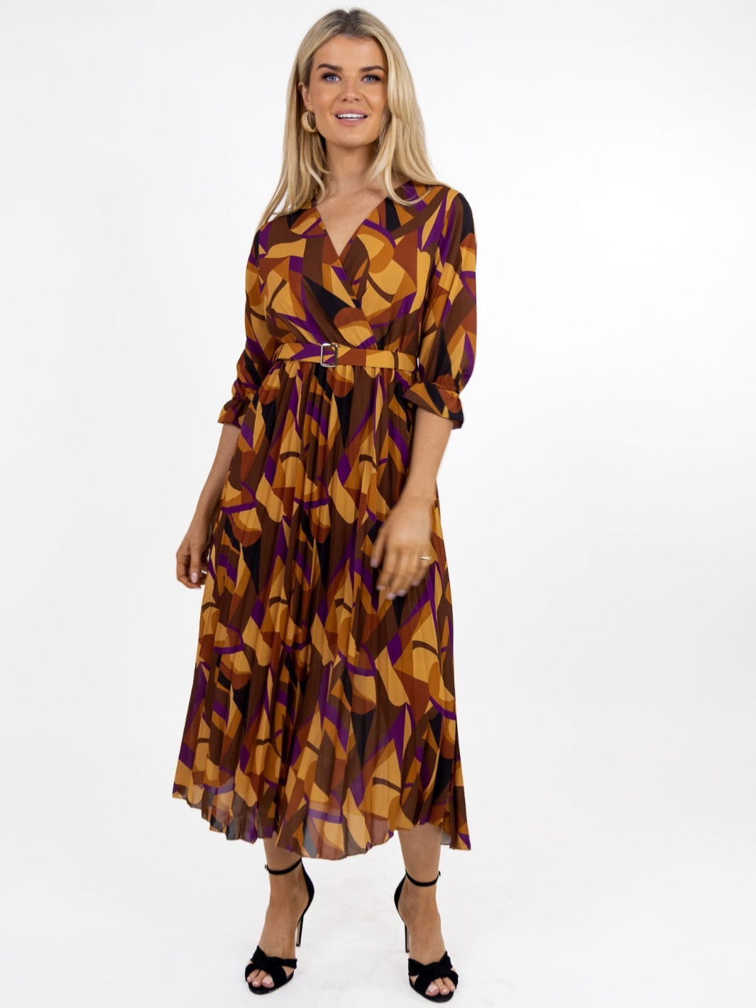Kate & Pippa Positano Midi Dress In Tan / Plum Print-Nicola Ross