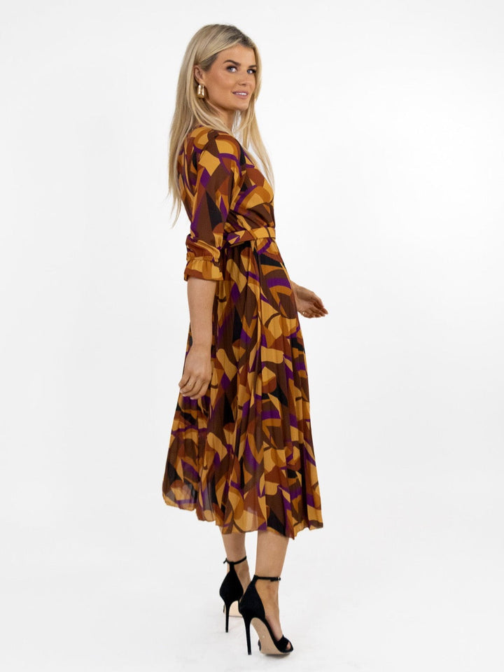 Kate & Pippa Positano Midi Dress In Tan / Plum Print-Nicola Ross
