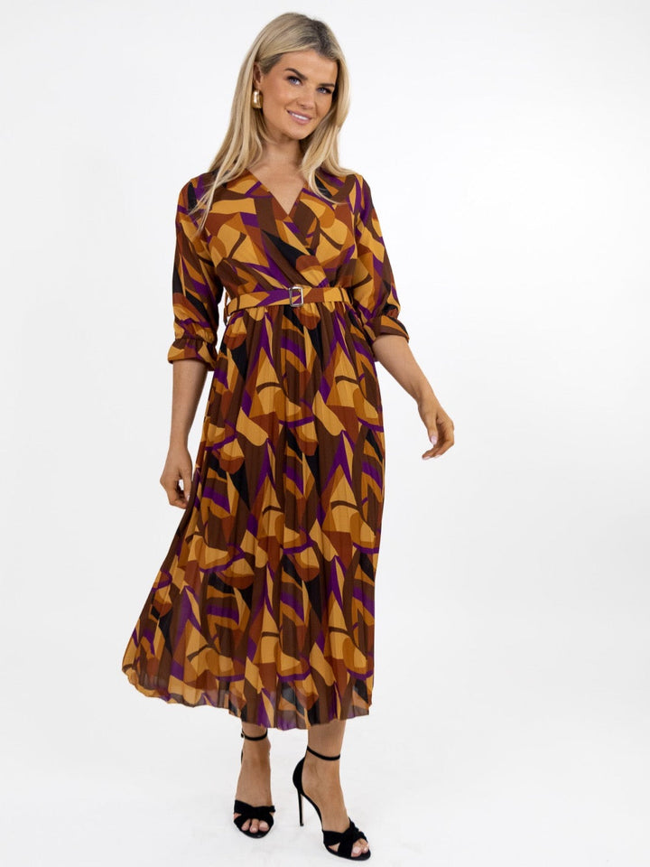 Kate & Pippa Positano Midi Dress In Tan / Plum Print-Nicola Ross