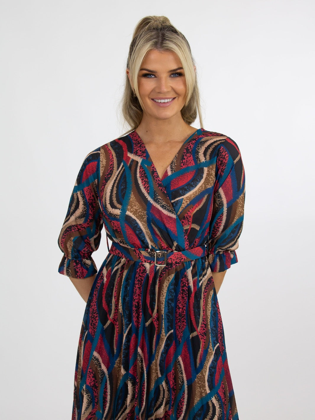 Kate & Pippa Positano Midi Dress In Teal/Tan Print-Nicola Ross
