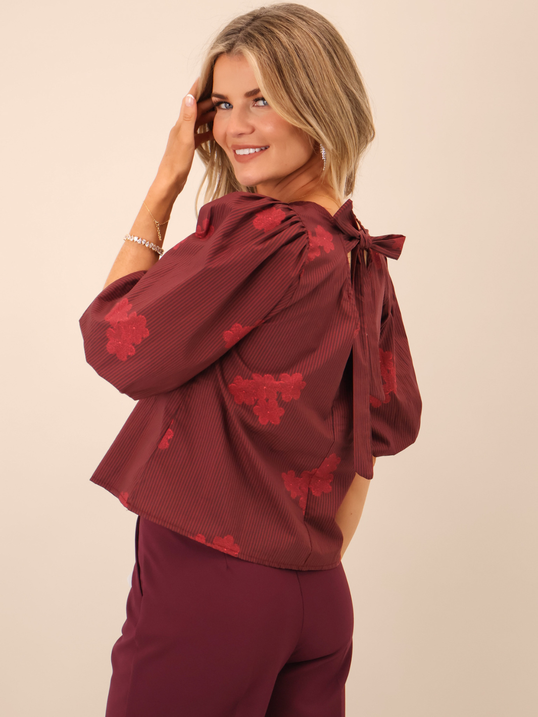 Kate & Pippa Reese Bow Top In Burgundy-Nicola Ross