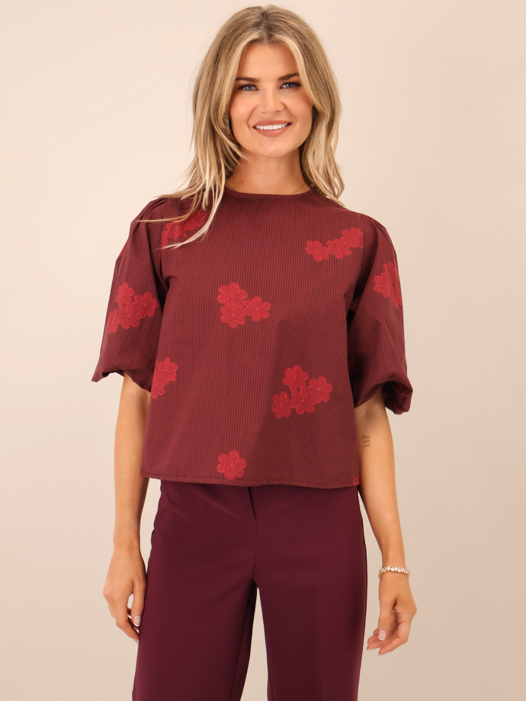 Kate & Pippa Reese Bow Top In Burgundy-Nicola Ross